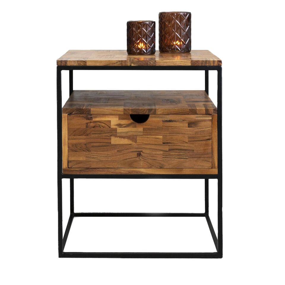 Industrieel Nachtkastje Harris Met Lade - 35x45x55 Cm - Mangohout - Bruin 3 Industrieel Nachtkastje Harris Met Lade - 35x45x55 Cm - Mangohout - Bruin