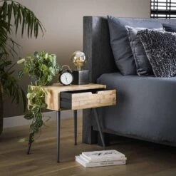 Hoyz - Nachtkastje Bruin - 1 Lade - Teakhout - Bijzettafel Met Lade -Knusse Nacht 1000048456 0102