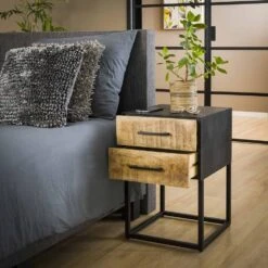 Giga Meubel Nachtkastje Mangohout 2 Lades - Metalen Frame - 40x40x60cm -Knusse Nacht 1000057070 0101
