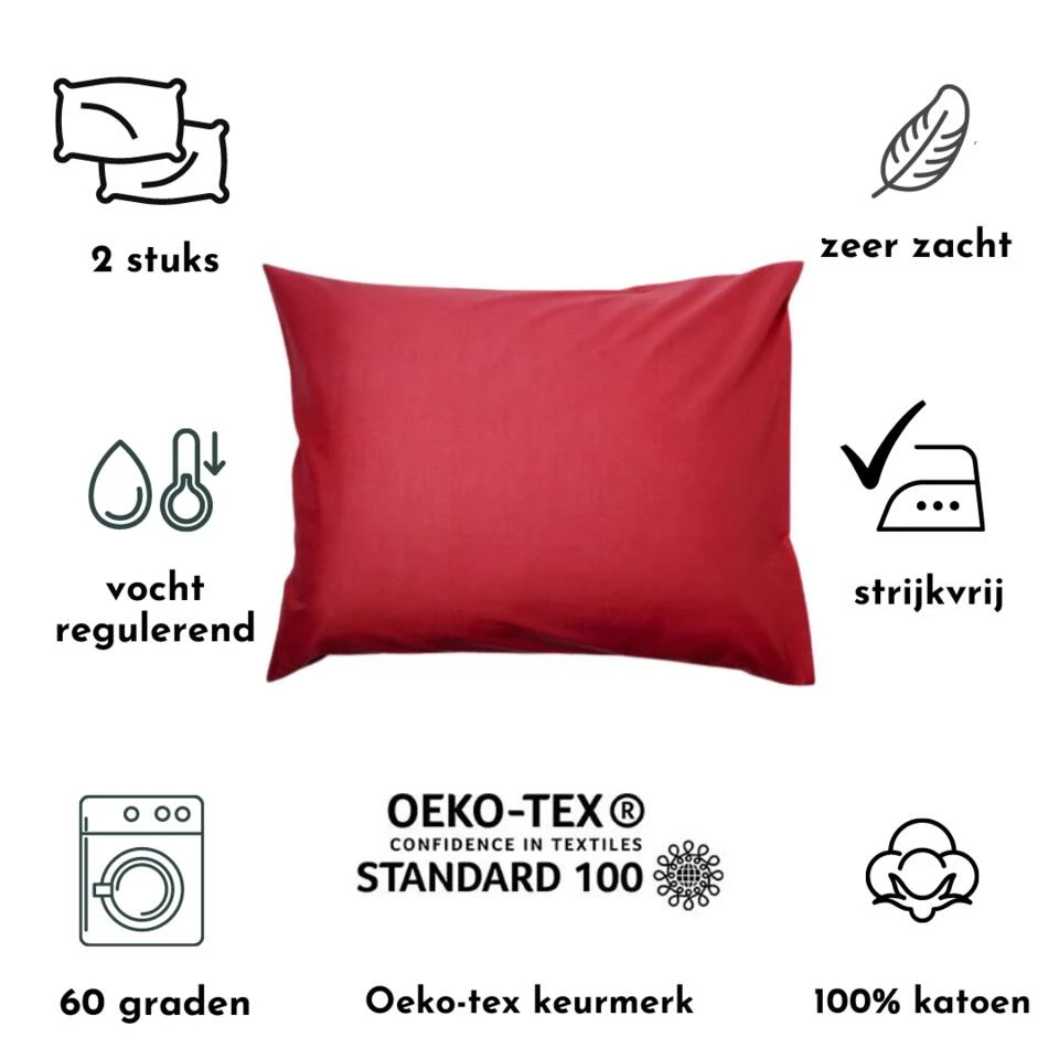 Zavelo Kussenslopen - Hotelkwaliteit - Set Van 2 Stuks - Rood - 60x70cm - 100... 6 Zavelo Kussenslopen - Hotelkwaliteit - Set Van 2 Stuks - Rood - 60x70cm - 100... - Afbeelding 4