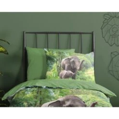 Good Morning Dekbedovertrek "Elephants" - Groen - (140x220 Cm) -Knusse Nacht 1000092740 0110